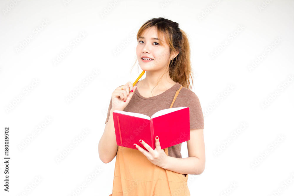 Beautiful young adult thai chinese bronze hair read red book Beautiful young adult thai chinese bronze hair read red book