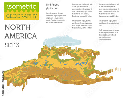 Isometric 3d North America physical map elements. Build your own geography info graphic collection