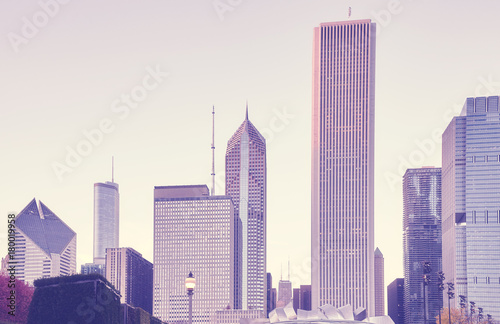 Color toned picture of Chicago skyline at sunset, USA.