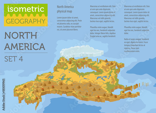 Isometric 3d North America physical map elements. Build your own geography info graphic collection