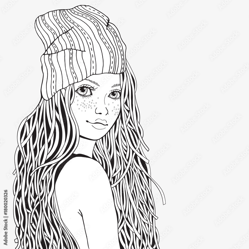 Cute girl. Coloring book page for adult. Black and white. Doodle ...