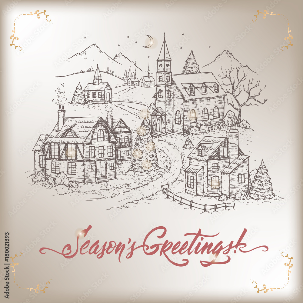 Vintage Christmas card with mountain village and holiday brush lettering