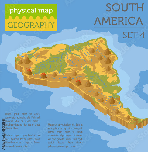 Isometric 3d South America physical map elements. Build your own geography info graphic collection