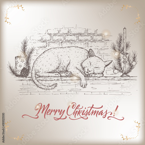 Vintage Christmas card with cat sleeping on decorated fireplace mantel and holiday brush lettering