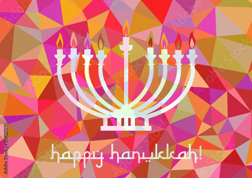 Postcard for greetings with Festival of Lights, Feast of Dedication Hanukkah. Menorah with candles on pink polygonal background. Vector illustration