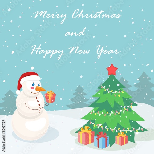 happy christmas and new year  greeting christmas card with cute snowman
