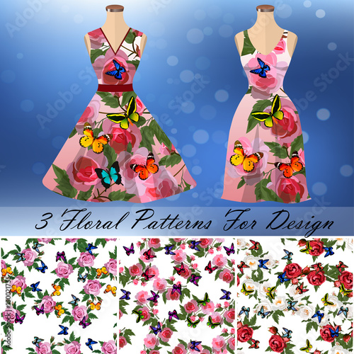 Dress with an trendy rose and butterflies design