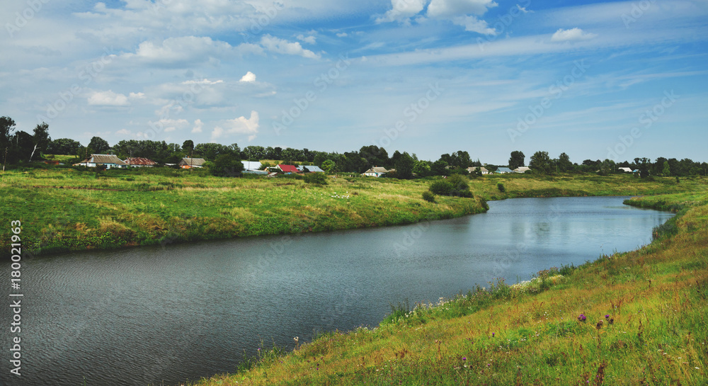 Russian countryside landscape.Summer scene with river.Tula region,Russia.Village.