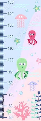 Wallpaper Mural Height children's table. Vector isolated illustration of cartoon octopuses, corals, sea stars and algae on sea background. vector illustration, scale 1: 2 Torontodigital.ca