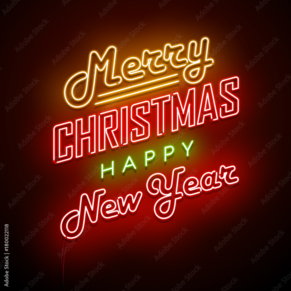 Christmas neon sign. Vector background. 