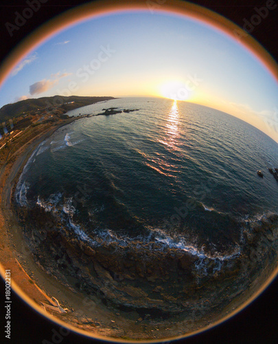 Sunset drone photo over Pomos village beach, island of Cyprus