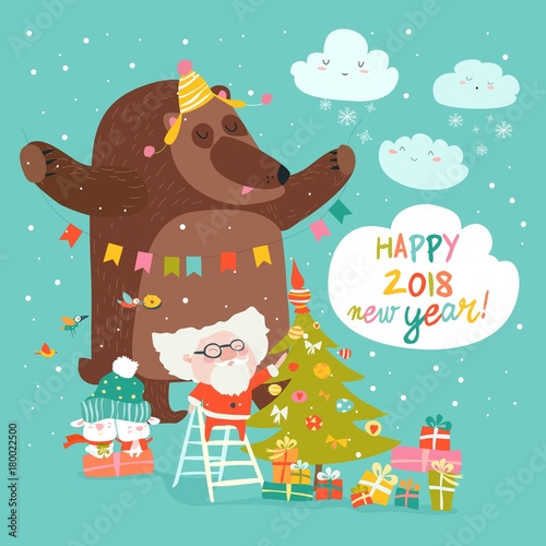 Christmas card with Santa Claus and bear