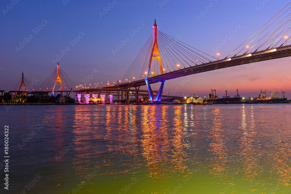 Beautiful Big Bhumibol Bridge / Big Suspension bridge in Sunset time Beautiful Big Bhumibol Bridge / Big Suspension bridge in Sunset time