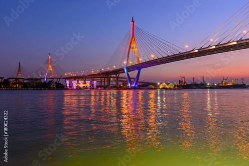 Beautiful Big Bhumibol Bridge / Big Suspension bridge in Sunset time 