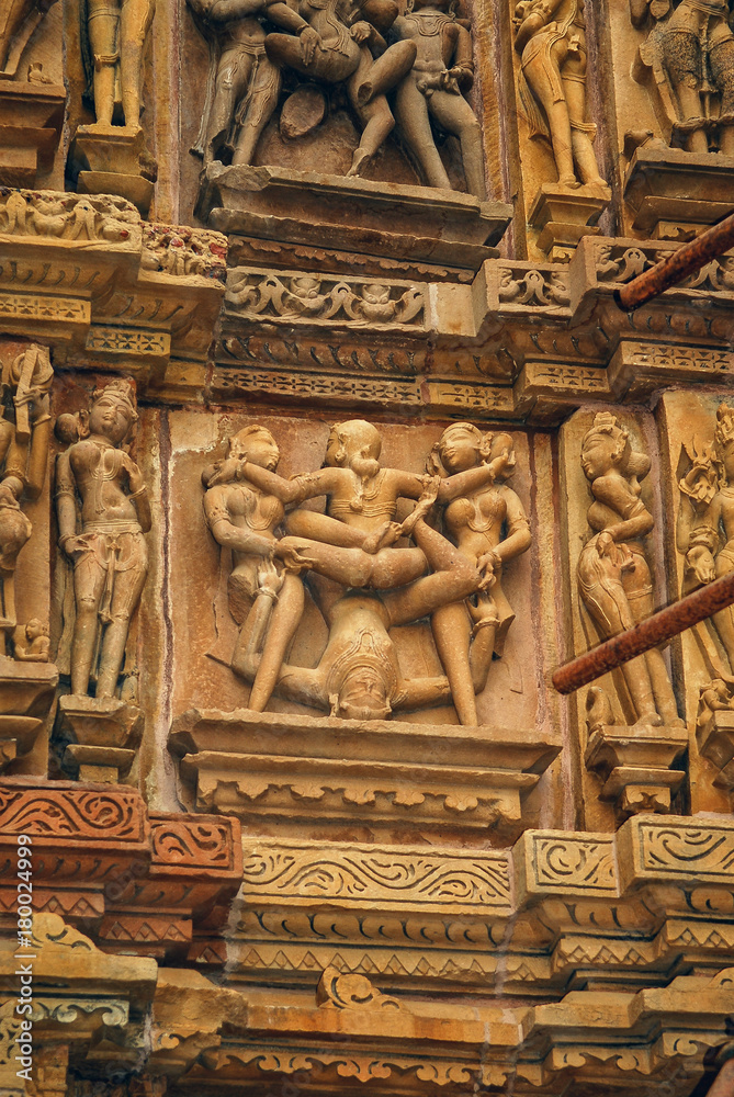 India Khajuraho temple erotic sculptures detail