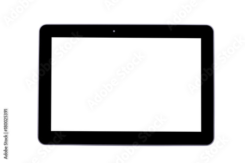 Black tablet on white background.