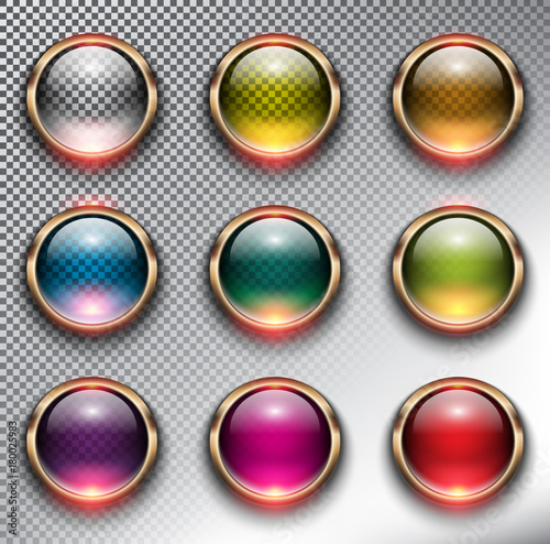 Abstract metallic web buttons set of 9. Round glass web icons with bronze frame. Isolated with realistic, transparent glass shine and shadow on the dark background. Vector illustration. Eps10.