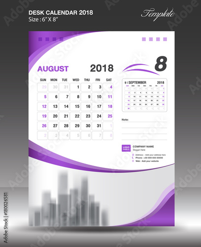 AUGUST Desk Calendar 2018 Template design flyer vector, business brochure layout, Size 6x8 inch vertical