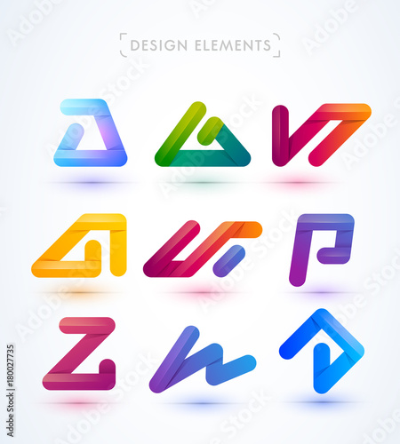 Vector abstract logo elements set. Big collection of origami paper ribbon shapes for corporate identity and company sign. Material design, flat and line-art style.