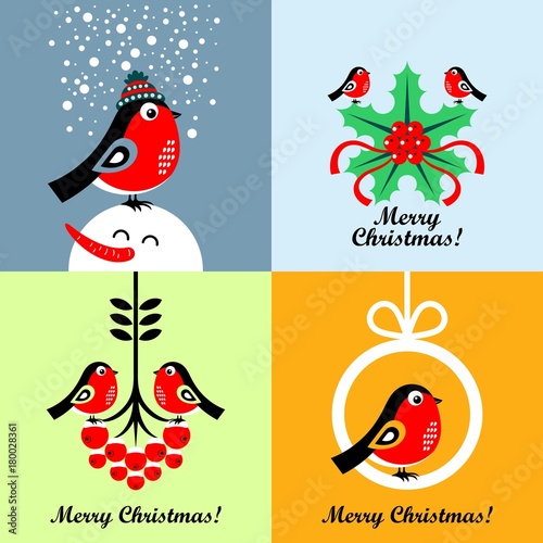 Collection of Christmas cards with cartoon bullfinches. Vector illustrations
