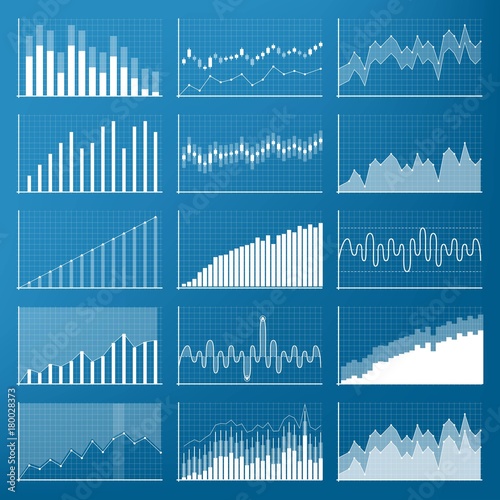 Creative vector illustration of business data financial charts. Finance diagram art design. Growing, falling market stock analysis graphics set. Concept graphic report element. Profit summary tools