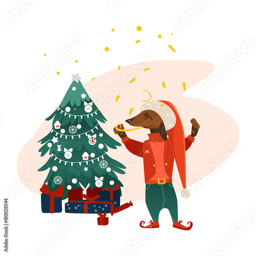 vector cartoon stylized humanized dachshund dog character near decorated christmas tree with presents. Animal in christmas hat elf costume with candy. Isolated illustration on a white background