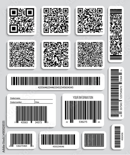 Creative vector illustration of QR codes, packaging labels, bar code on stickers. Identification product scan data in shop. Art design. Abstract concept graphic element