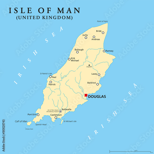 Fotografia, Obraz Isle of Man political map with capital Douglas and important cities