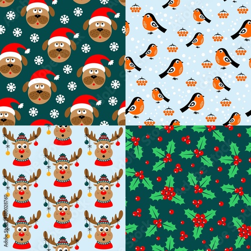 Collection of seamless christmas patterns. Patterns with bullfinches, Holly, dogs, deers. Vector illustration
