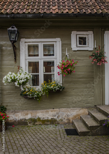 house, door, window, travel, architecture, flowers, old, city, building, exterior, facade, village, summer, latvia, europe, kuldiga