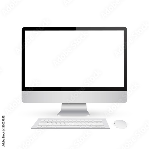 Creative vector illustration of render monitor mock up with blank screen isolated on the background. Computer display, mouse, keyboard. Art design. 3D Front view. Abstract concept graphic element