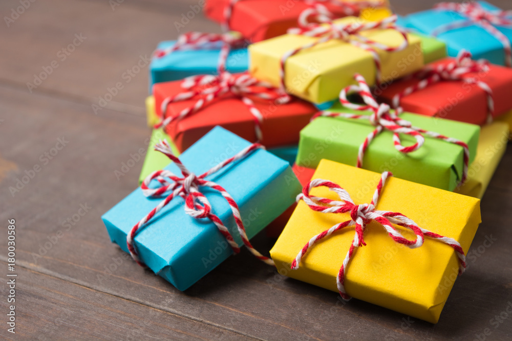 Christmas colorful gifts with selective focus