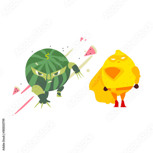 Funny watermelon and lemon fruit hero, superhero character set, flat style cartoon vector illustrations isolated on white background. Ninja watermelon and superhero lemon characters in mask and cape