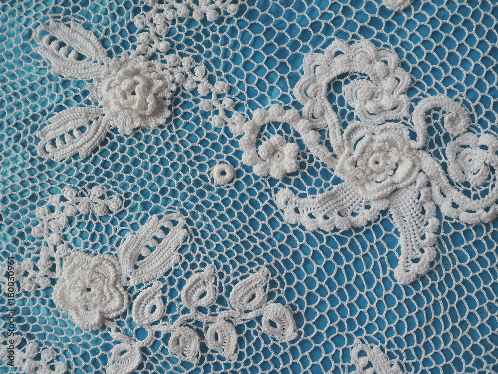Irish lace crochet. The elements of white knitted dress. Stock Photo |  Adobe Stock