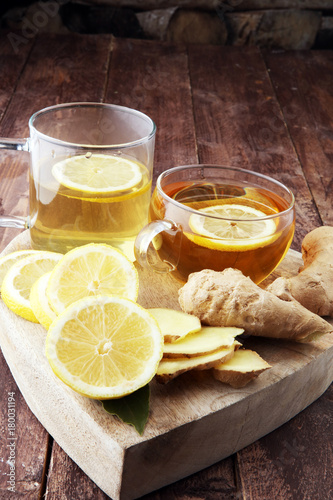 Ginger tea in a glass for flu cold winter days.