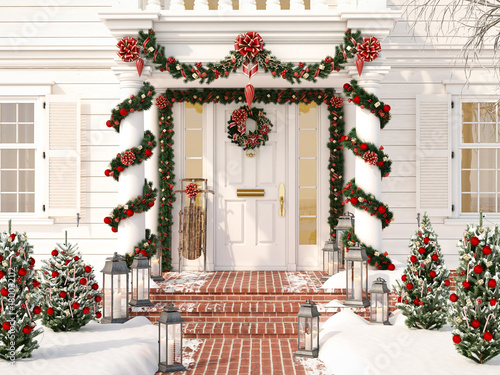 christmas decorated porch with little trees and lanterns. 3d rendering photo