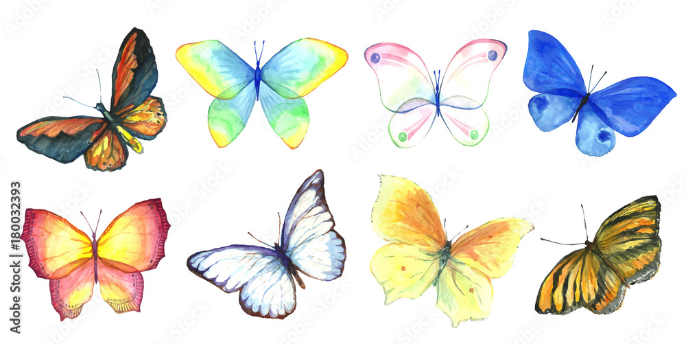 Collection watercolor of flying butterflies.