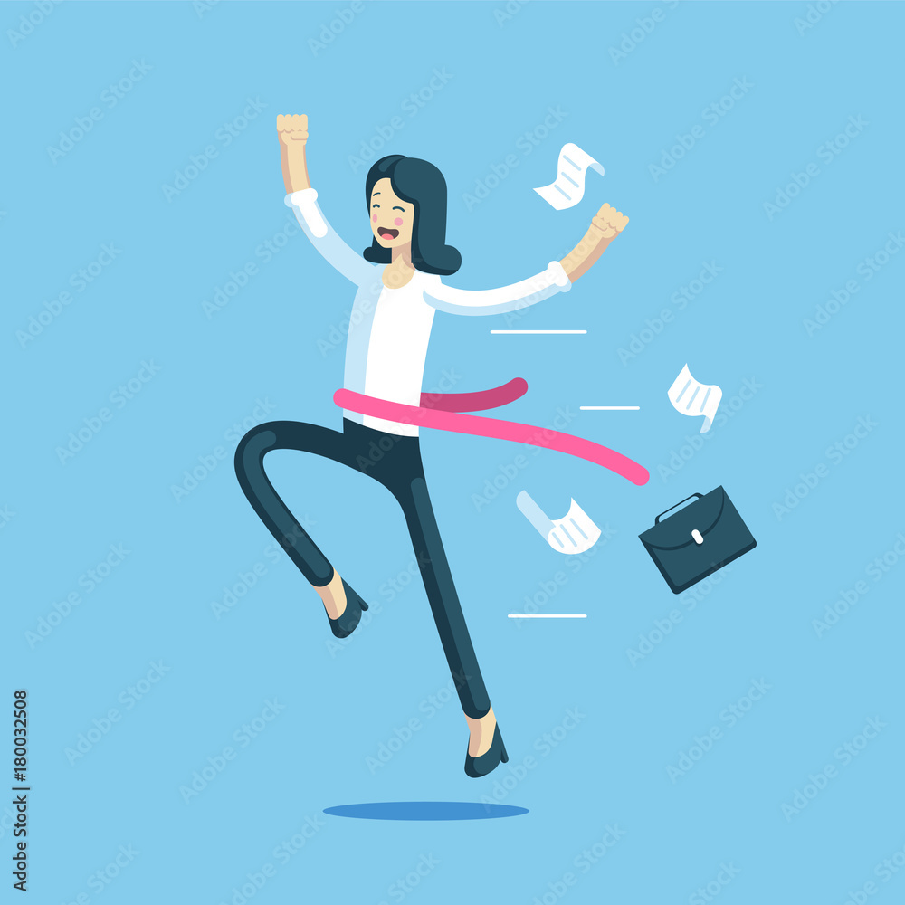 Businesswoman crossed the finish line first. Office worker with a red ribbon at the waist rejoice her victory. Business concept success and winner. Vector business character