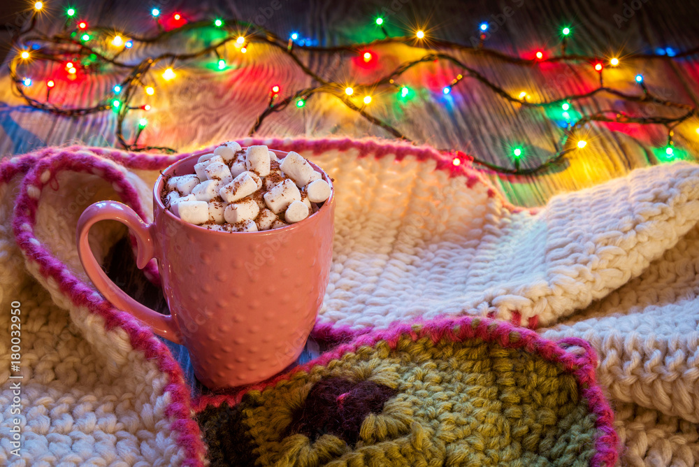 Christmas composition with cup of cocoa and marshmallows, warm k Christmas composition with cup of cocoa and marshmallows, warm k