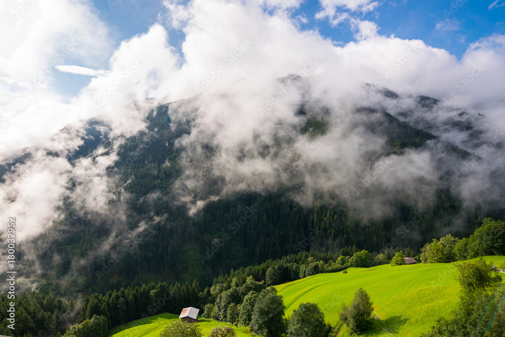 Misty morning at sunrise, Country side, Fugen, Alps, Tyrol, Austria, Europe Misty morning at sunrise, Country side, Fugen, Alps, Tyrol, Austria, Europe