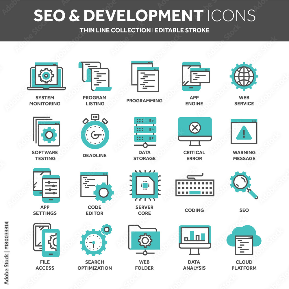 Seo and app development. Search engine optimization. Internet, e-commerce.Thin line blue web icon set. Outline icons collection. Vector illustration.