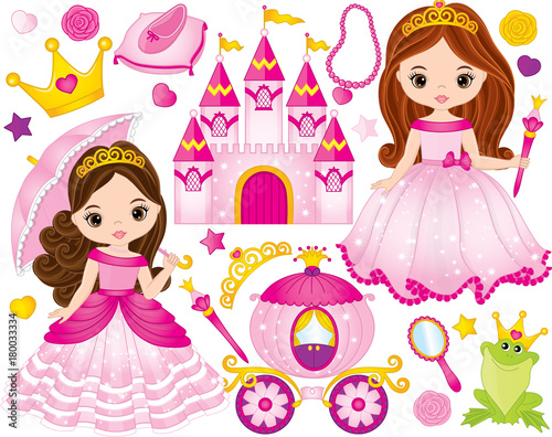 Vector Set of Beautiful Princesses and Fairytale Elements