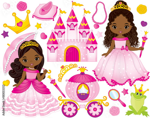 Vector Set of Beautiful African American Princesses and Fairytale Elements