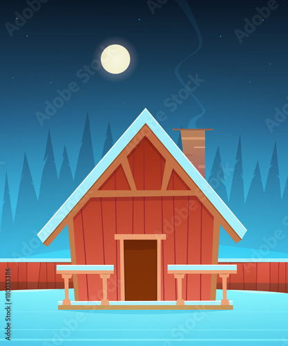 Red wooden cabin covered with snow, night winter landscape. 