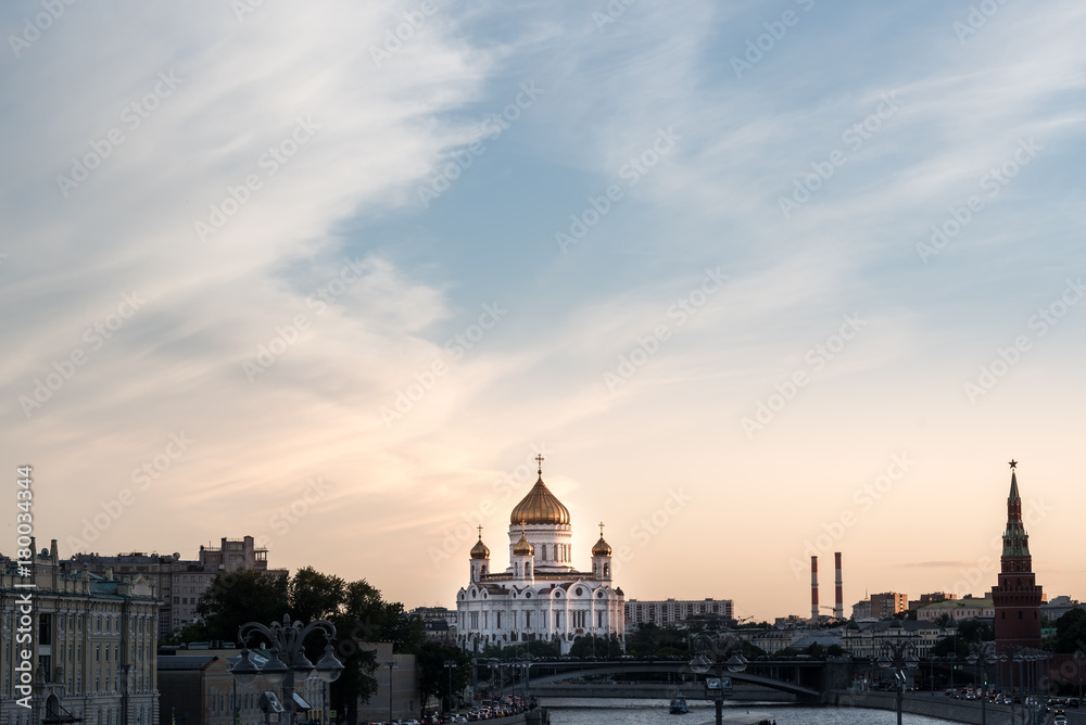 Sunset view of Cathedral of Christ the Savior and Moscow river in Russia