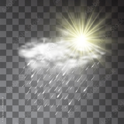 Sun in the clouds during rainy weather concept on transparent background. Thunderstorm or depressive autumn sky illustration. Hailstorm or downpour precipitation for forecast design.