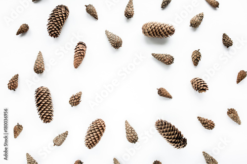 minimal creative cone pattern arrangement on white. flat lay, top view. christmas background wallpaper.