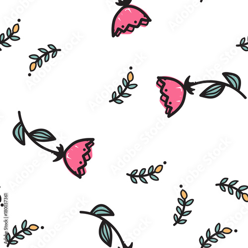 Hand drawn red flowers seamless vector pattern.
