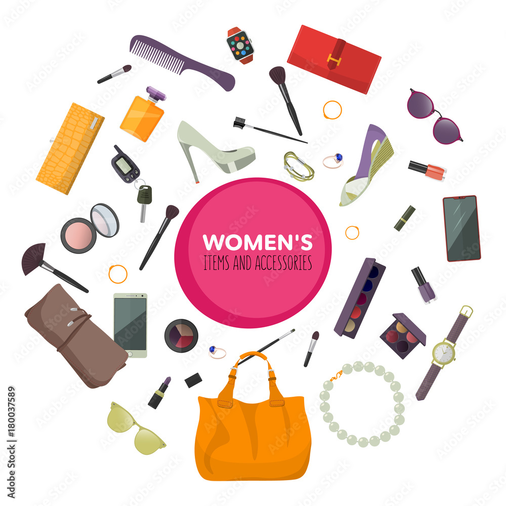 Set of fashion accessories. Women items and accessories. Vector  illustration. Stock Vector
