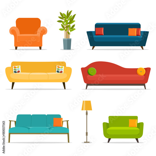 Sofa and chair sets and home accessories.Vector flat illustration.